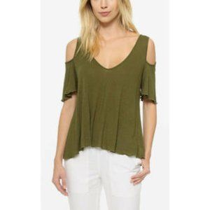Free People Bittersweet Cold Shoulder Short Sleeve Knit Top Olive Green - Small
